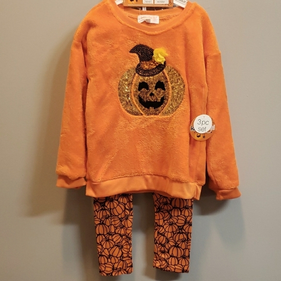 Kensie Girl 3-piece Plush Orange Top with Pumpkin Print Leggings and Headband - Picture 1 of 9